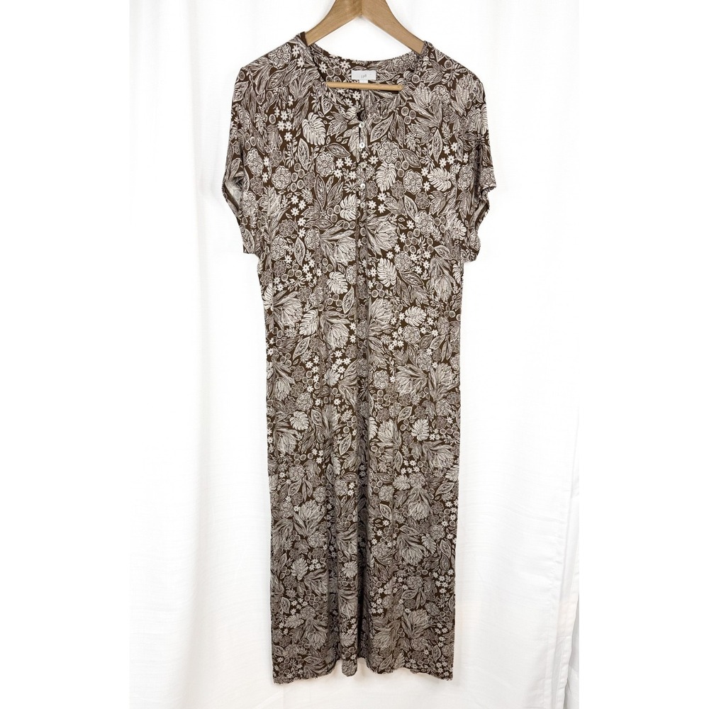 J Jill Maxi Dress Women XL Brown Ivory Floral Botanical Rayon Stretch EUC